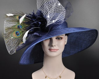 Church Kentucky Derby Hat Wide Brim Sinamay Hat  Carriage Tea Party Wedding  Navy Blue w White  Peacock Feathers