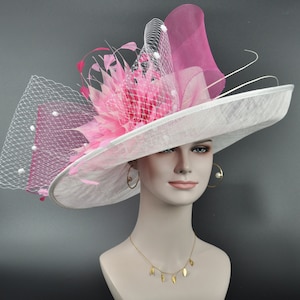 Church Kentucky Derby Hat Carriage Tea Party Wedding Wide Brim Sinamay Hat White w Fuchsia Hot Pink Pink Feather Flower Bows