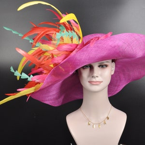 Hot Pink w Lemon Yellow Turquoise Red Kentucky Derby Hat, Tea Party Hat Wide Brim Sinamay Hat image 4