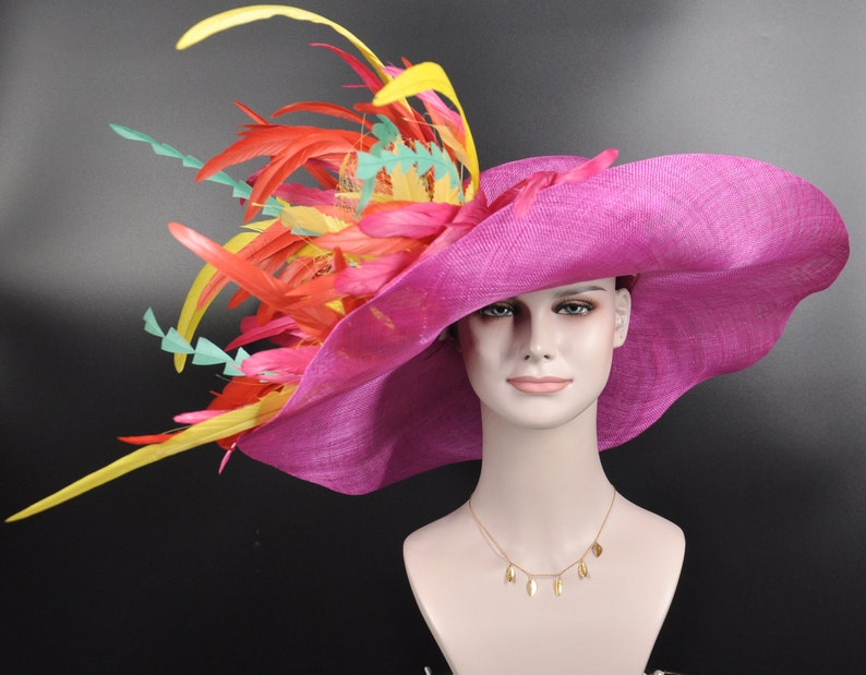 Hot Pink w Lemon Yellow Turquoise Red Kentucky Derby Hat, Tea Party Hat Wide Brim Sinamay Hat image 4