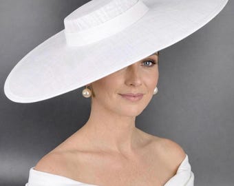 Tocado de sinamay de ala ancha blanco, sombrero Ascot Royal para bodas, carreras, Derby de Kentucky, fiestas, madre de la novia