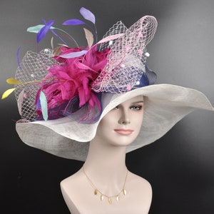 Church Kentucky Derby Hat Carriage Tea Party Wedding Wide Brim Sinamay Hat White with Colorful Feather Flower