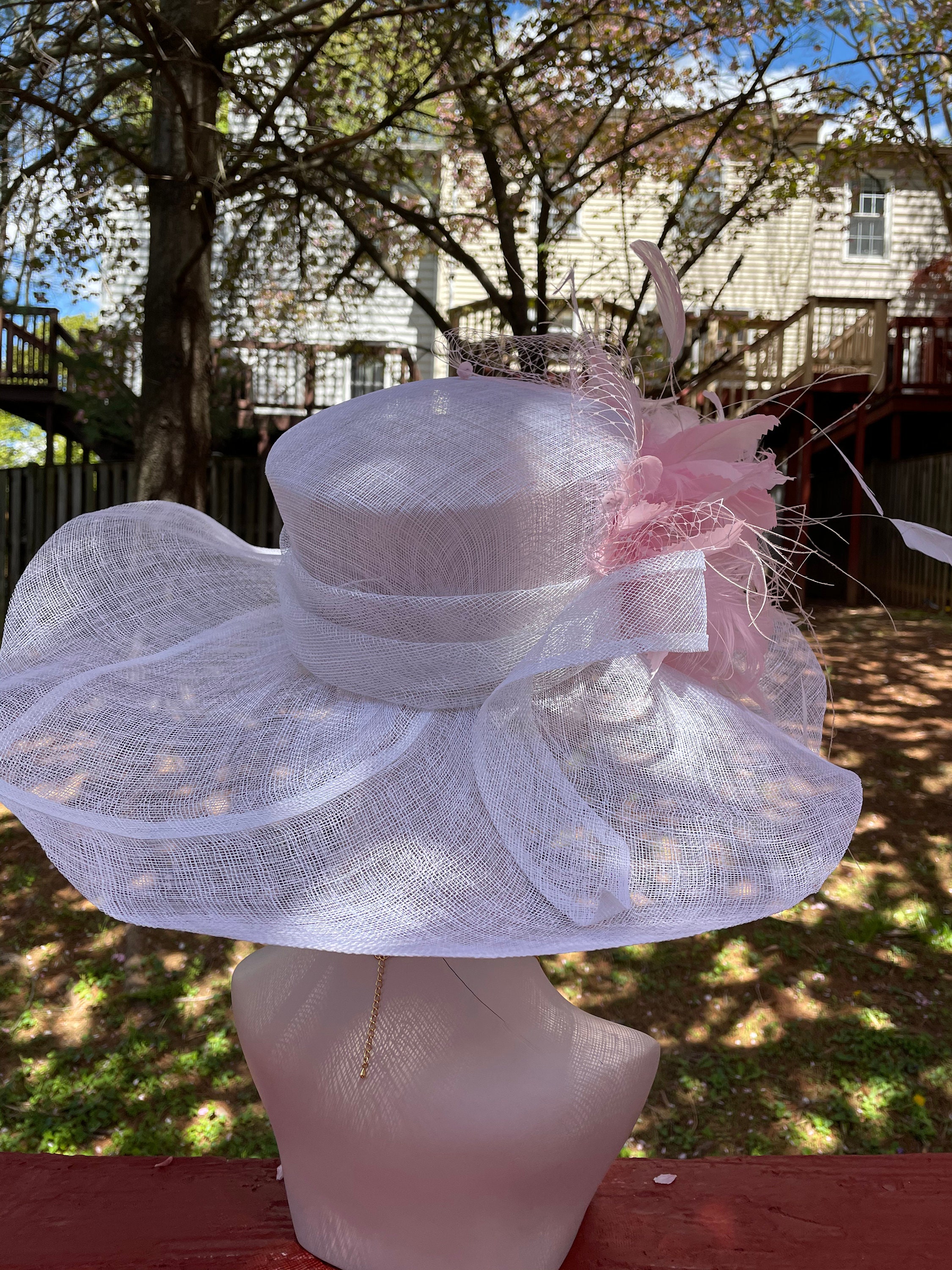 White Pink Feather Wide Brim Kentucky Derby Hat,ascot Hat 