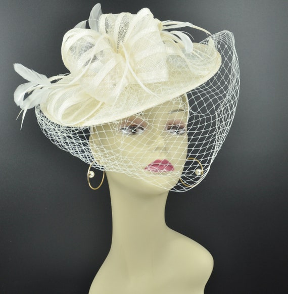 Ivory Sinamay Fascinator Hat: Feather & Net Derby Hat - Etsy display picture 3