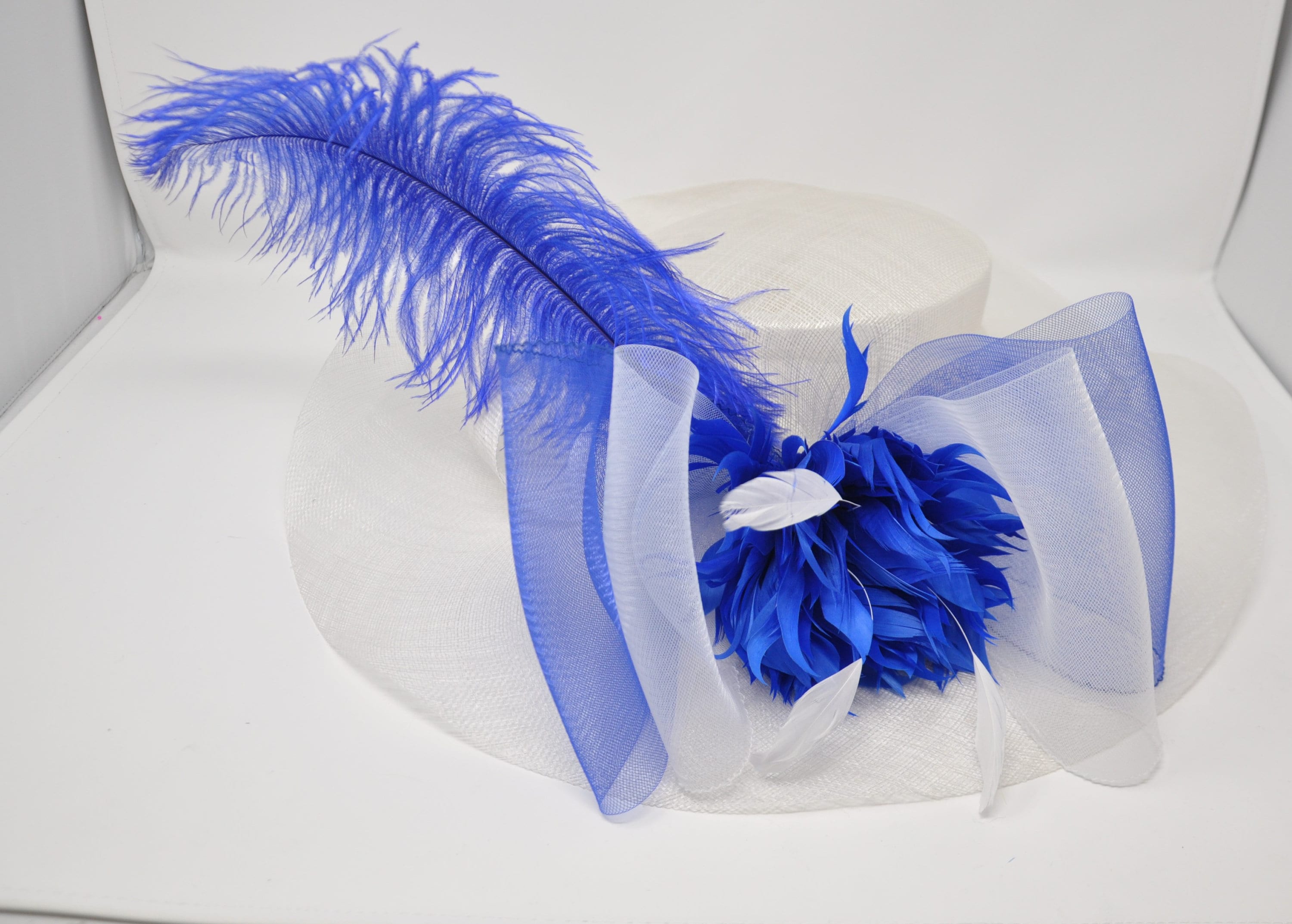 White Royal Blue Feather Flower Wide Brim Kentucky Derby Hat 