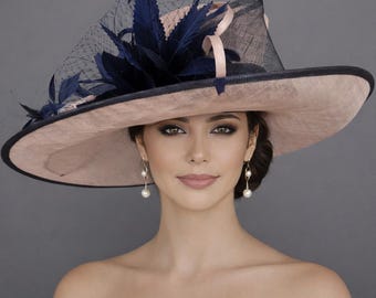 Dusty Pink  Navy Feathered Kentucky derby hat, Wide Brim Sinamay Hat, Ascot Royal Hat, Tea Garden Party Hat, Church Hat Wedding Guests Hat
