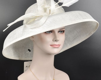 Audrey Hepburn Style Dome Hat Kentucky Derby Hat Tea Party Carriage Party  3 Layers  Wide Brim  Sinamay Hat White