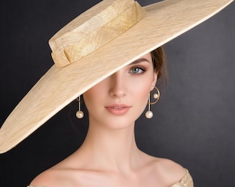 Tocado de ala ancha de sinamay de 23,5 pulgadas, estilo Derby, Ascot, elegante y llamativo, ideal para bodas, fiestas de té y carreras de caballos. Dorado.