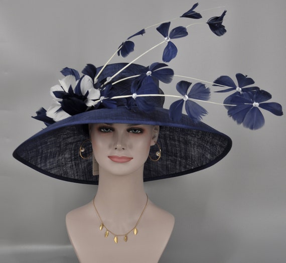 Navy custom floral fancy Derby hat, handmade Wide Brim Sinamay Derby Hat: Ivory, Blue Silk Flowers - Etsy main image 2