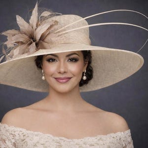Champagne‎ Italy Hat Sun Womens Beige Wide Brim Rhinestone Feathers Derby Church Champagne Italy Hat Sun Womens Beige Wide Brim Rhinestone  main image 4
