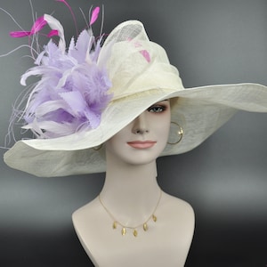 off White/ Ivory w Lavender Hot Pink Feather Flower Kentucky Derby Hat, Church Hat, Wedding Hat, Easter Hat,  Wide Brim  Sinamay  Hat