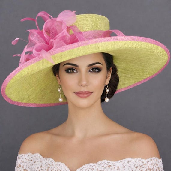 Lime Green Hot Pink Wide Brim Sinamay Hat, Kentucky Derby  display picture 1