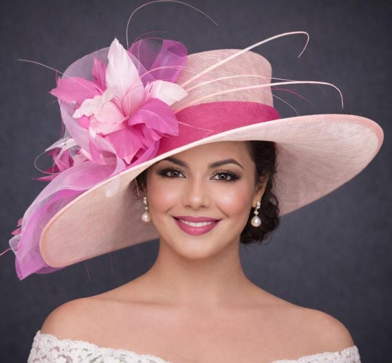 Pink & Hot Pink Wide Brim Kentucky Derby Hat Elegant Ascot 