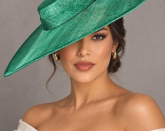 Emerald Green Wide Brim Sinamay Fascinator Hat  Ascot Royal Hat for Wedding Race Day Kentucky Derby Party Mother of the Bride