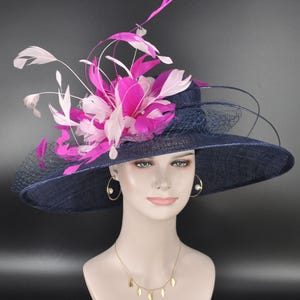 Wide Brim Sinamay Hat Church Kentucky Derby Hat Carriage Tea Party Wedding Hat Navy Blue with  Fuchsia Pink Baby Pink Oaks day hat