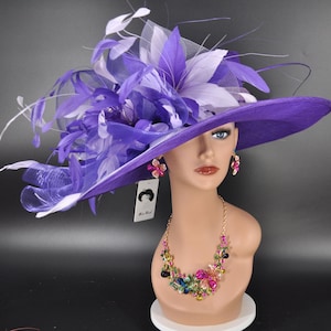 Church Kentucky Derby Hat Carriage Tea Party Wedding Wide Brim Sinamay Hat Purple Mix Purple Lavender Lilac