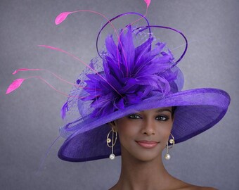 Statement Pink & Purple Feathered Wide-Brim Hat Fuchsia Hot Pink Wide Brim Sinamay Kentucky Derby Hat  main image 2