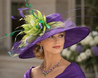 Purple Lilac  Green Feather Flower Wide Brim Kentucky Derby Hat,Ascot Hat for Wedding Tea Party,Garden Party Hat,Mother of the Bride, Church