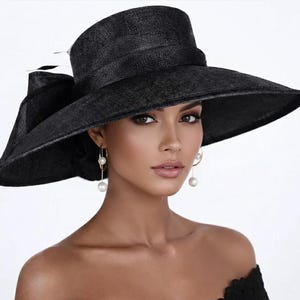 Black  Wide Brim Sinamay Hat with Convertible Bow, Kentucky Derby Ascot Royal Wedding Church Garden Party Mother of the Bride Hat
