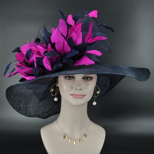 Navy Blue w Hot Pink Feather Flower 2 Jumbo Bows Kentucky Derby Hat, Church Hat, Wedding Hat, Tea Party Hat Wide Brim  Sinamay  Hat