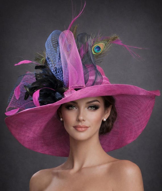 Fuchsia Pink Navy Peacock Feathers Wide Brim Sinamay Hat  display picture 2
