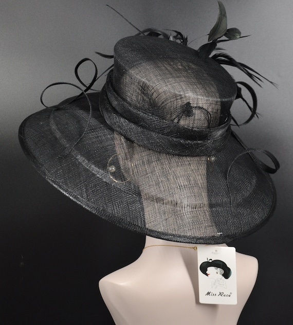 Black Derby Hat: Wide Brim Sinamay Feather Ascot Hat - Etsy 