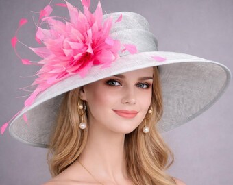 Powder Blue  Fuchsia Feather Flower Kentucky Derby Hat,Ascot Hat for Wedding & Tea Party, Garden Party Hat, Mother of the Bride, Church