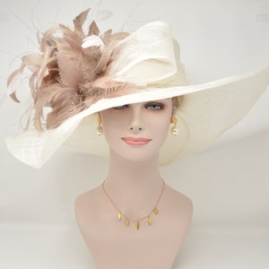 off White/ Ivory w Taupe White Feather Flower Kentucky Derby Hat, Church Hat, Wedding Hat, Easter Hat, Wide Brim Sinamay Hat image 2