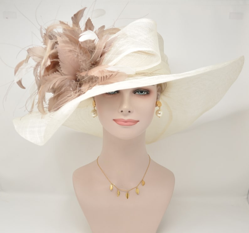 off White/ Ivory w Taupe White Feather Flower Kentucky Derby Hat, Church Hat, Wedding Hat, Easter Hat, Wide Brim Sinamay Hat image 2