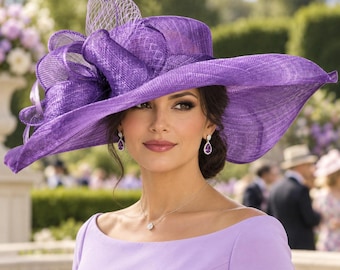 May include: A wide-brimmed purple hat featuring a structured crown and a large, layered bow made of matching mesh fabric. The hat is paired with teardrop-shaped purple gemstone earrings and a delicate silver necklace with a small pendant.