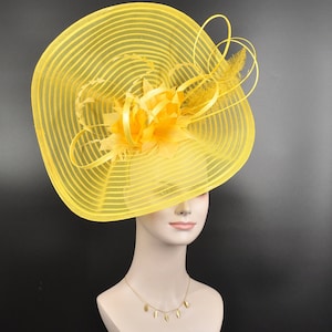 Cute Jumbo Yellow Royal Ascot Horse Race Oaks day hat  Fascinator Kentucky Derby Hat Church Tea wedding Party Hat