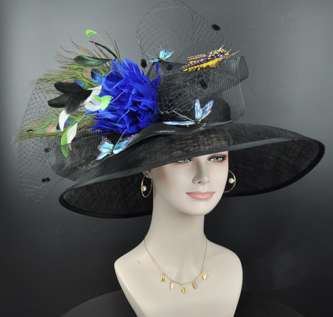 Black W Royal Blue Kentucky Derby Hat Wide Brim Sinamay Hat Colorful