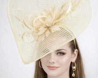 Sinamay & Crin Fascinator Hat for Kentucky Derby, Ascot Royal Headpiece, Mother of the Bride, Tea Garden Party, Wedding Hat Ivory/Off White