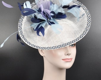 White Navy Blue Lavender Powder Blue Sinamay Fascinator Hat Kentucky Derby Hat Tea Wedding Party Hat