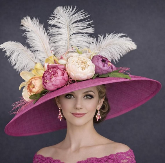 Pink Ostrich Feather Flower Style Wide Brim Kentucky Derby  display picture 2