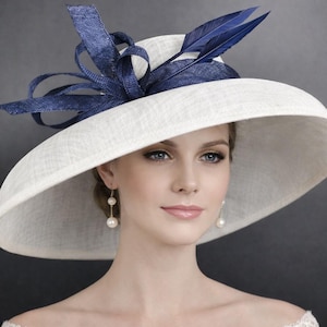 Audrey Hepburn Style Wide Brim Kentucky Derby Hat, Ascot Hat for Wedding Tea Party, Garden Party Hat, Mother of the Bride,Church White Navy