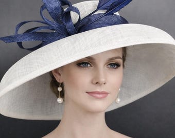 Audrey Hepburn Style Wide Brim Kentucky Derby Hat, Ascot Hat for Wedding Tea Party, Garden Party Hat, Mother of the Bride,Church White Navy