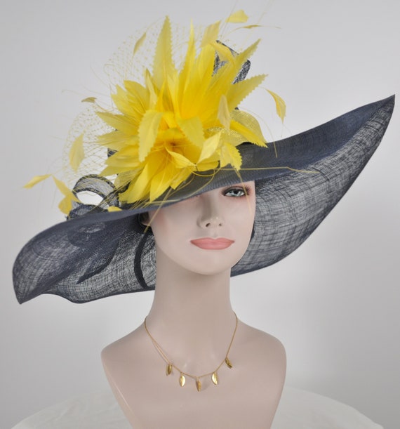 Navy Sinamay Lemon Yellow Flower Wide Brim Kentucky Derby  display picture 1