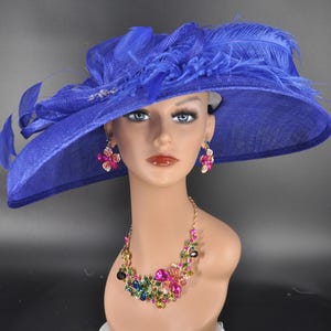 Royal Blue Wide Brim Sinamay Hat Church Kentucky Derby Hat Carriage Tea Party Wedding  Rhinstones w Sinamay Bow Ostrich Feather