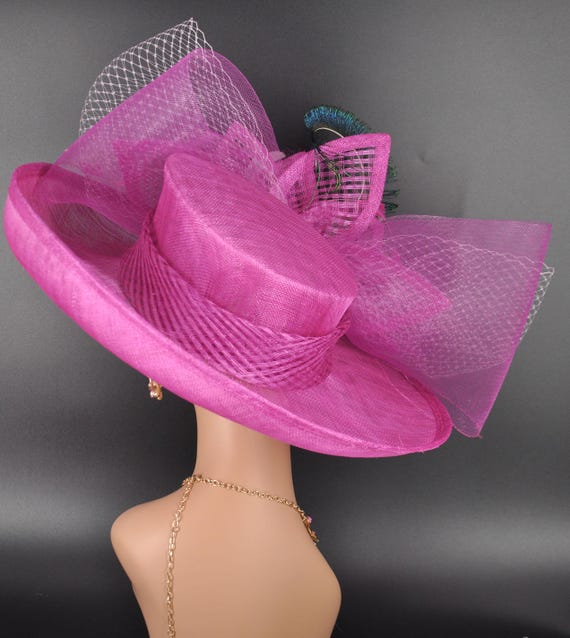Statement Pink & Purple Feathered Wide-Brim Hat Purple Hot Pink Feather Flower Wide Brim Kentucky Derby Hat  main image 4