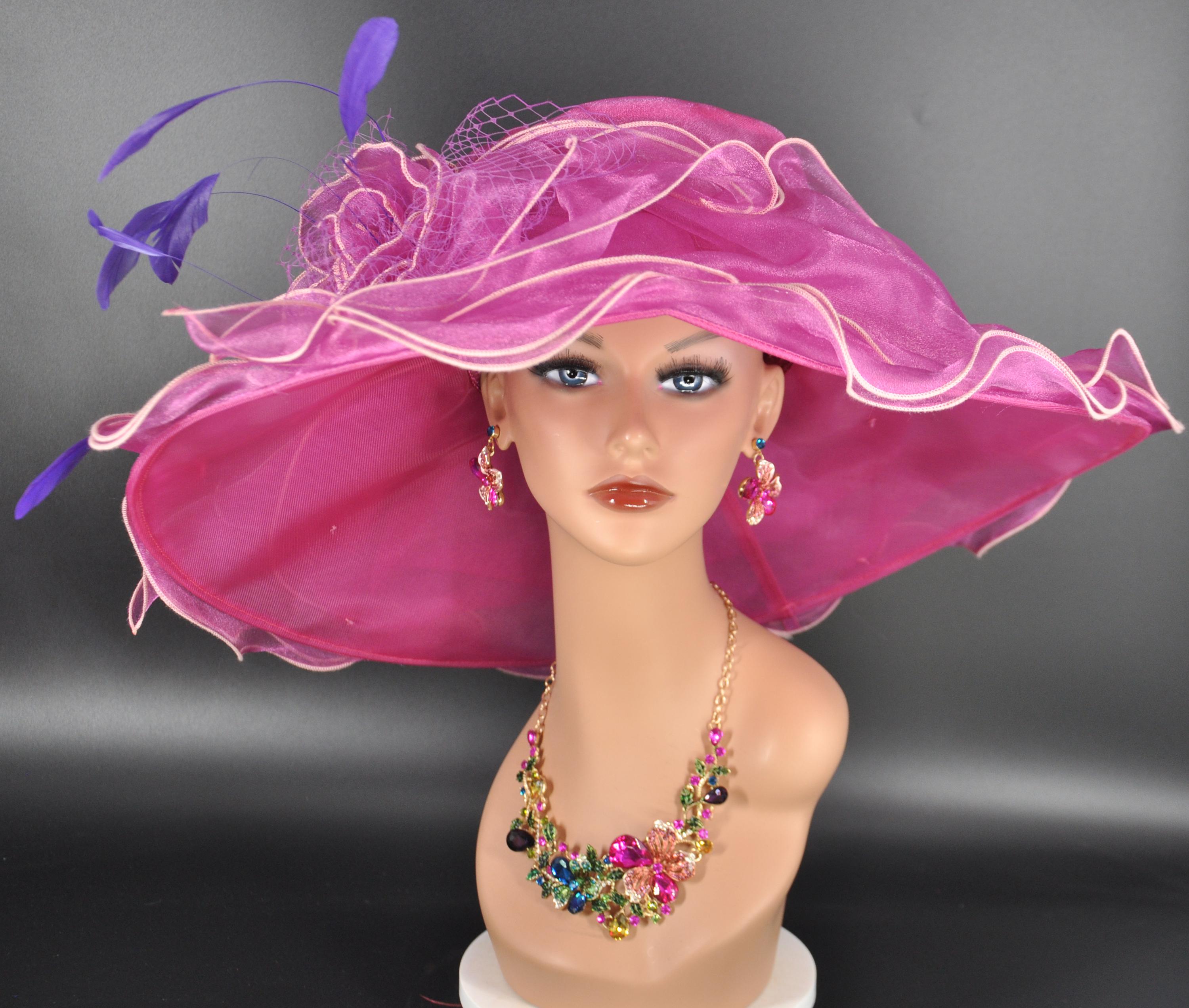 Violet Organza Derby Hat, Wide Brim, Big Bow, Wedding Tea  display picture 1