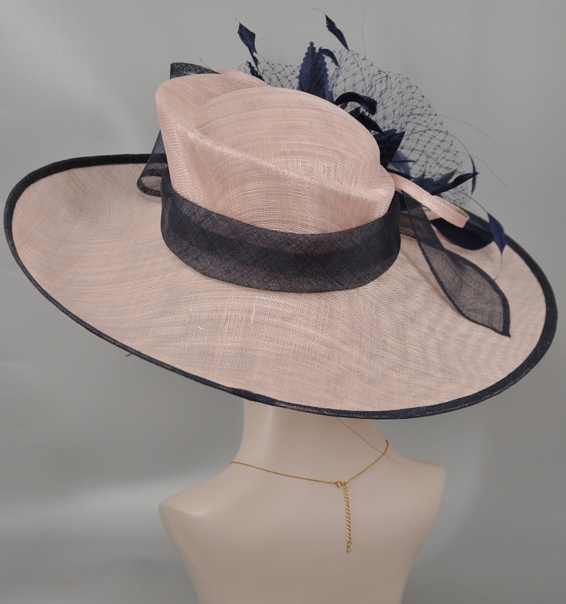 Pu&ograve; includere: Un cappello a tesa larga con una base in paglia rosa e un nastro e un bordo blu navy. Il cappello ha un velo in rete blu navy con un accento di piuma.