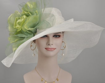 White w Green Jumbo Silk Flower, Kentucky Derby hat, Church hat, Wedding hat, Tea Party hat , Floppy Wide Brim Sinamay Dress Hat