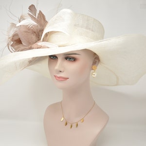 off White/ Ivory w Taupe White Feather Flower Kentucky Derby Hat, Church Hat, Wedding Hat, Easter Hat, Wide Brim Sinamay Hat image 3