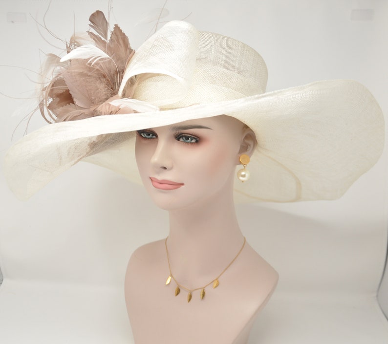 off White/ Ivory w Taupe White Feather Flower Kentucky Derby Hat, Church Hat, Wedding Hat, Easter Hat, Wide Brim Sinamay Hat image 3