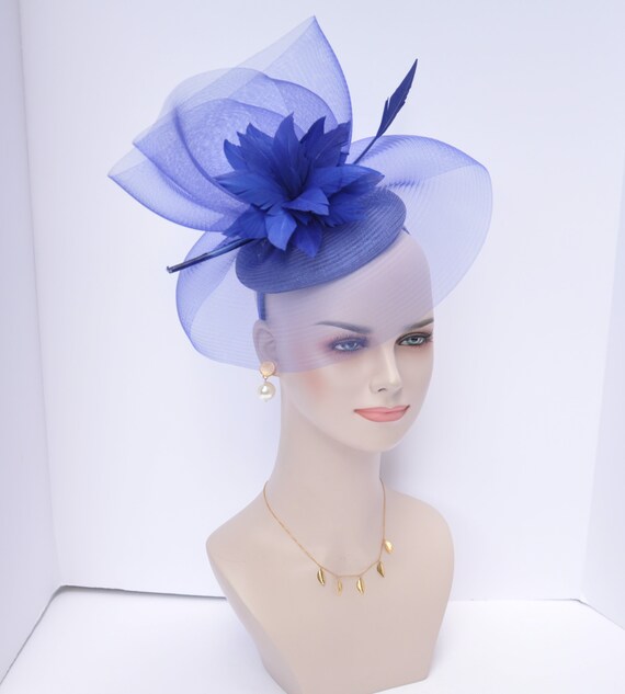 Elegant Blue Fascinator with Floral Design Organza Feathers Kentucky Derby Hat kentucky derby hat fascinator royal blue woven base with  main image 4