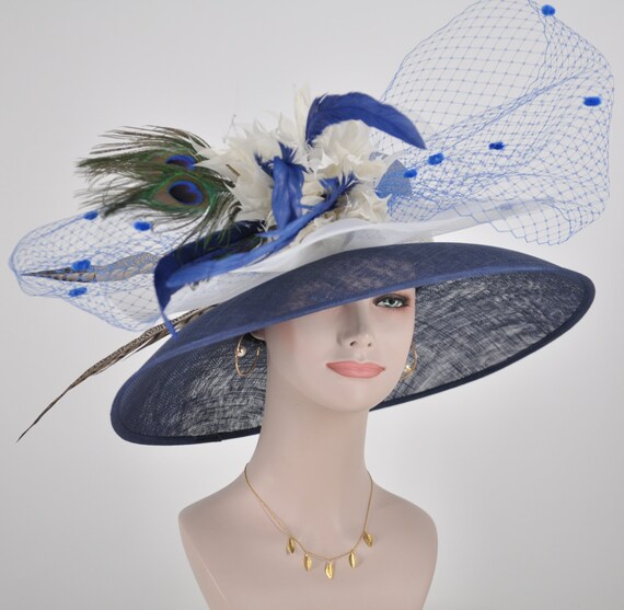 Church Derby Hat Carriage Tea Party Wedding Navy Blue W  display picture 2