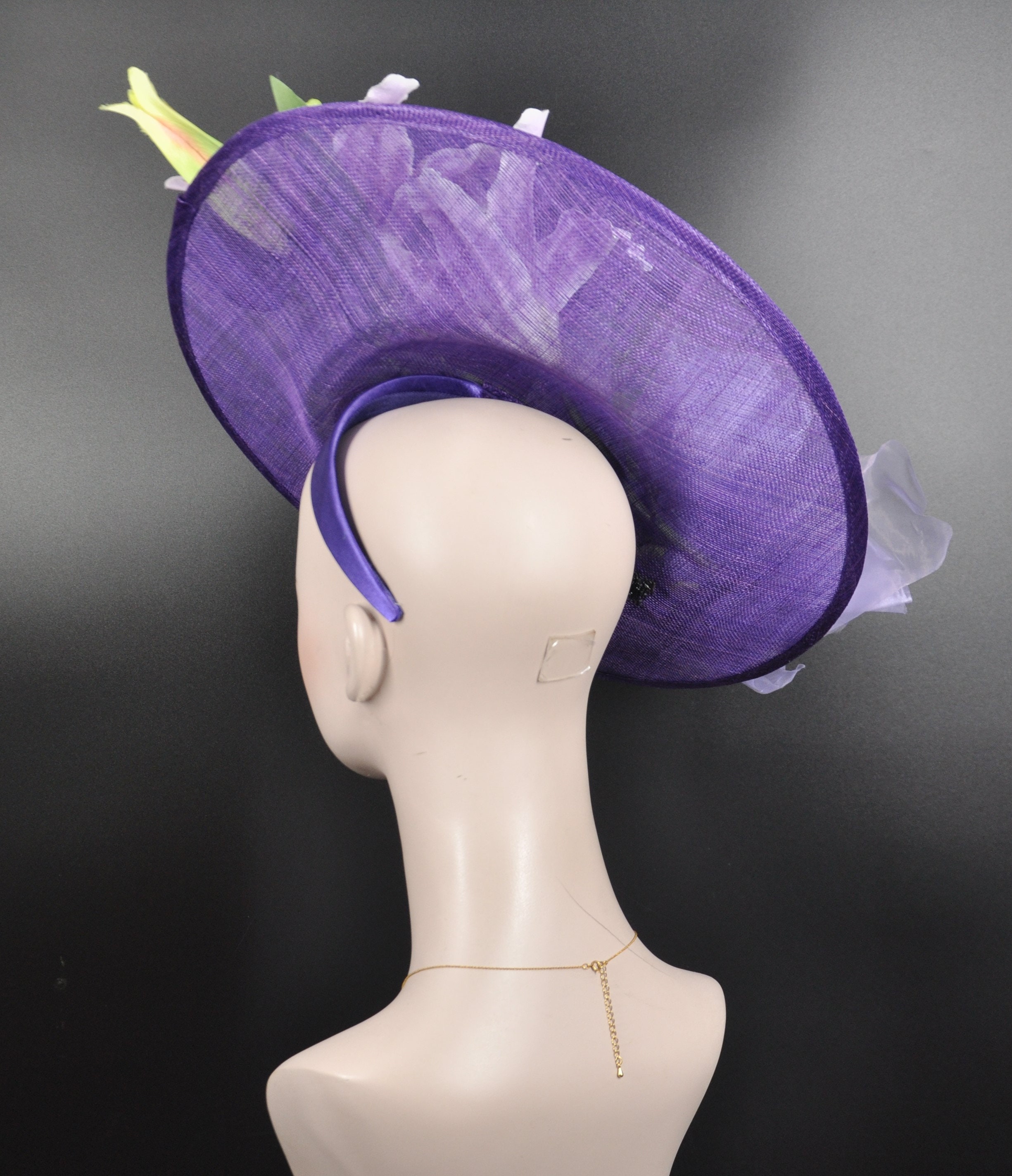 Cream w/ Silk Purple Flower‎ Orange Purple Brim Hat Pink Orange Big Derby Hat, Pink Orange Feather Hat, Tropical  main image 3