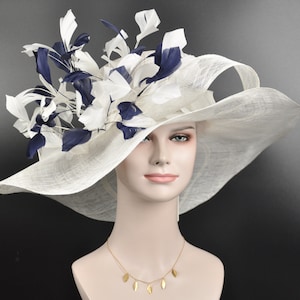 White w Navy Blue  Feather Flower Kentucky Derby Hat, Church Hat, Wedding Hat, Easter Hat, Tea Party Hat Wide Brim  Sinamay  Hat