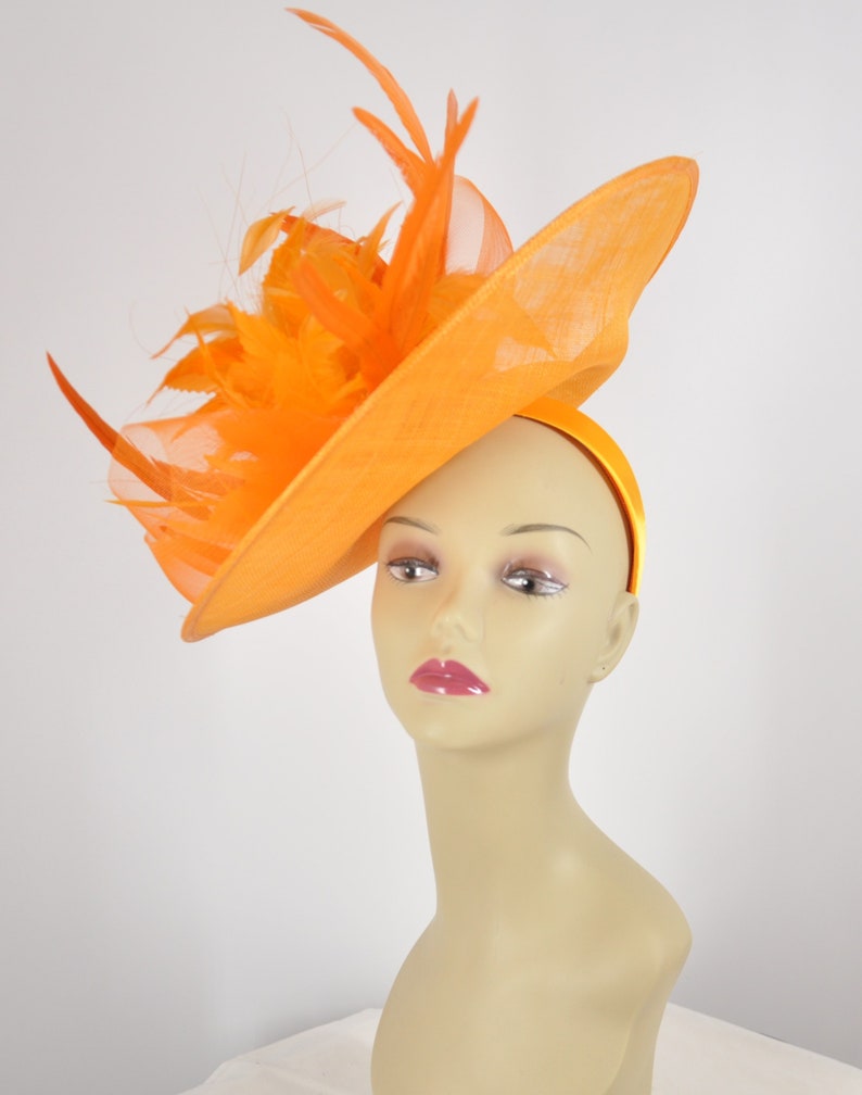 Orange Sinamay Disc Fascinator Hat With Jumbo Feather Flowers Etsy